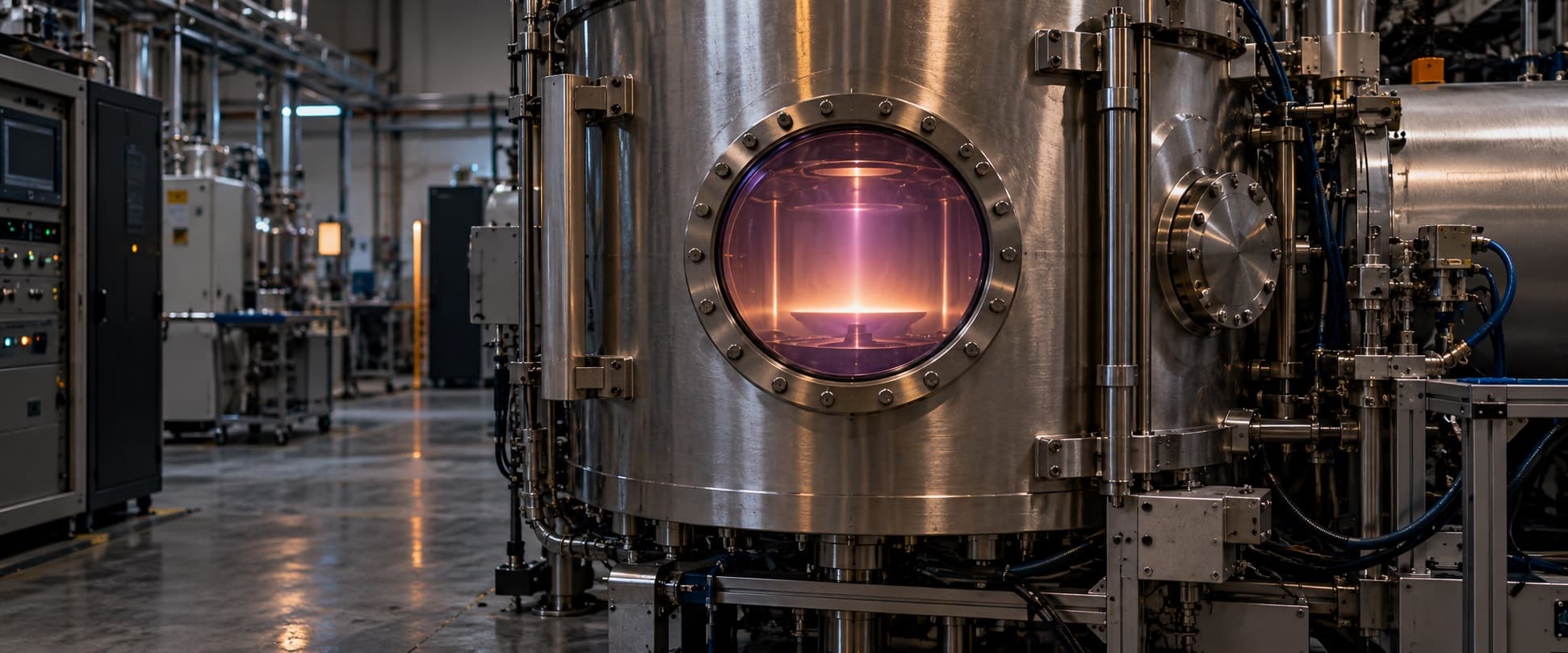 Representative editorial image of a generic PVD vacuum chamber with a restrained plasma glow
